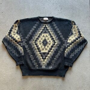 Vintage 90s Chapel Hill Geometric Sweater Size XL Black Pullover Diamond Knit